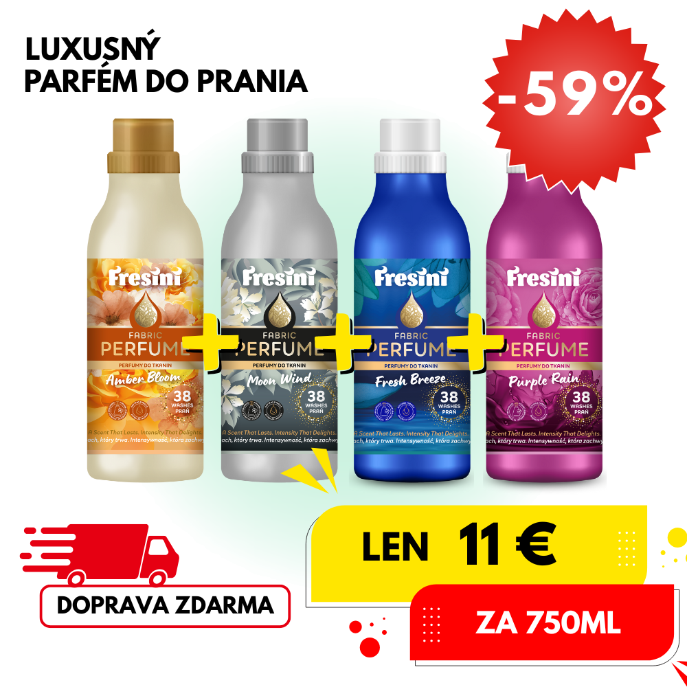 Fresini 4x 750ml sada parfémov na pranie - Fresh Breeze, Amber Bloom, Moon Wind, Purple Rain (11€/fľaša)
